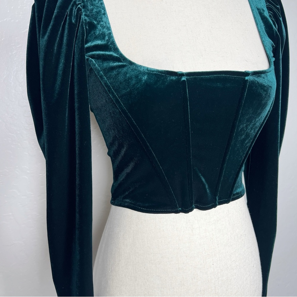 ZARA Women’s Size S Green Velvet Long Puff Sleeve Cropped Square-Neck Corset Top - Picture 5 of 14